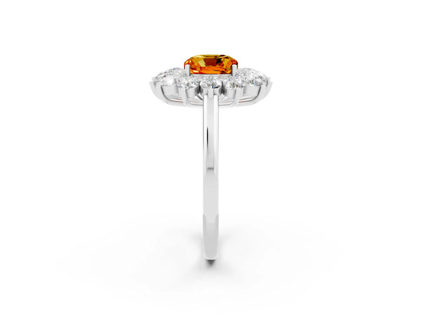 Platinum Cushion Cut Citrine Floral Double Halo Engagement Ring with Prong Setting