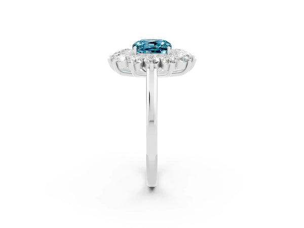 Platinum Cushion Cut Halo Cluster Diamond Ring with Pave Band and Four-Prong Setting