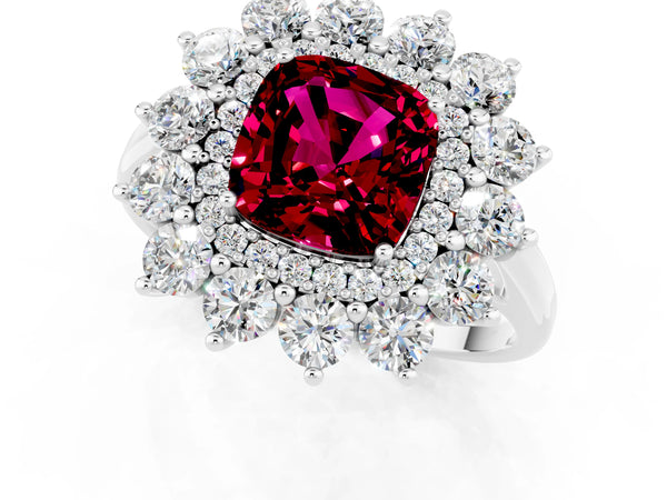 White gold Cushion Cut Garnet Floral Double Halo Engagement Ring with Prong Setting