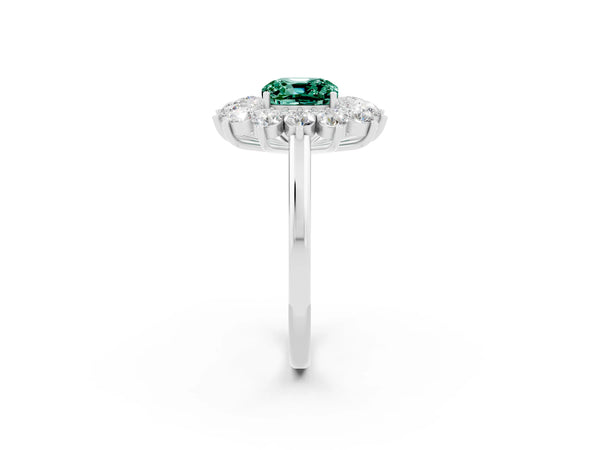 Platinum Cushion Cut Green Sapphire Floral Double Halo Engagement Ring with Prong Setting