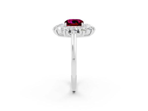 Platinum Cushion Cut Garnet Floral Double Halo Engagement Ring with Prong Setting
