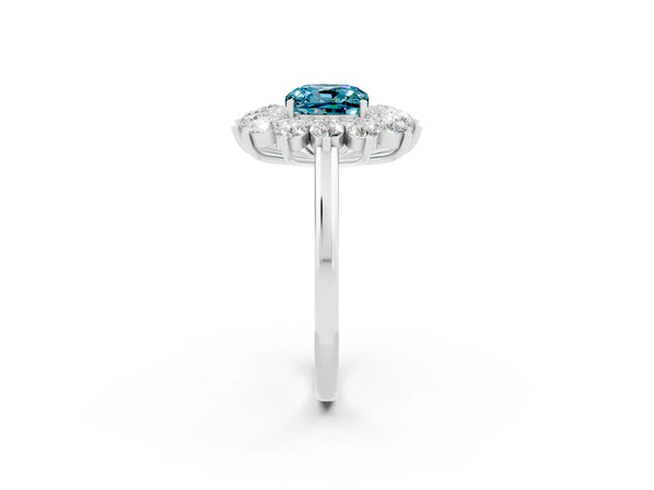 Silver Cushion Cut Blue Topaz Floral Double Halo Engagement Ring with Prong Setting