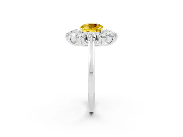 Silver Cushion Cut Yellow Sapphire Floral Double Halo Engagement Ring with Prong Setting