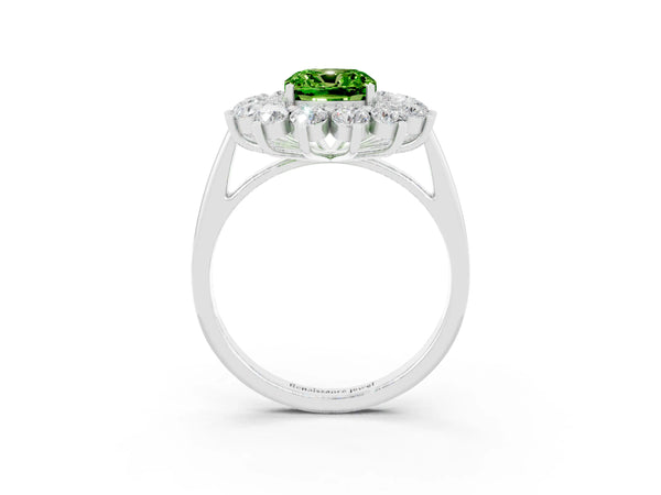 Platinum Cushion Cut Peridot Floral Double Halo Engagement Ring with Prong Setting