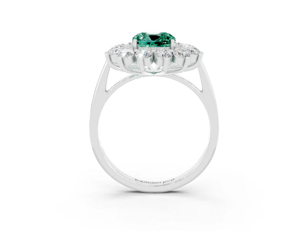 Silver Cushion Cut Green Sapphire Floral Double Halo Engagement Ring with Prong Setting