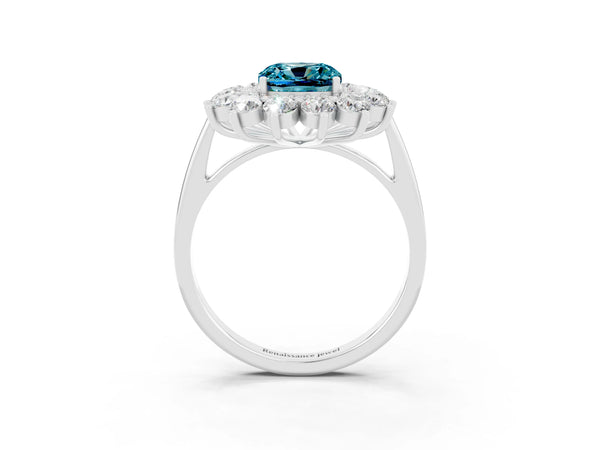 White gold Cushion Cut Blue Topaz Floral Double Halo Engagement Ring with Prong Setting