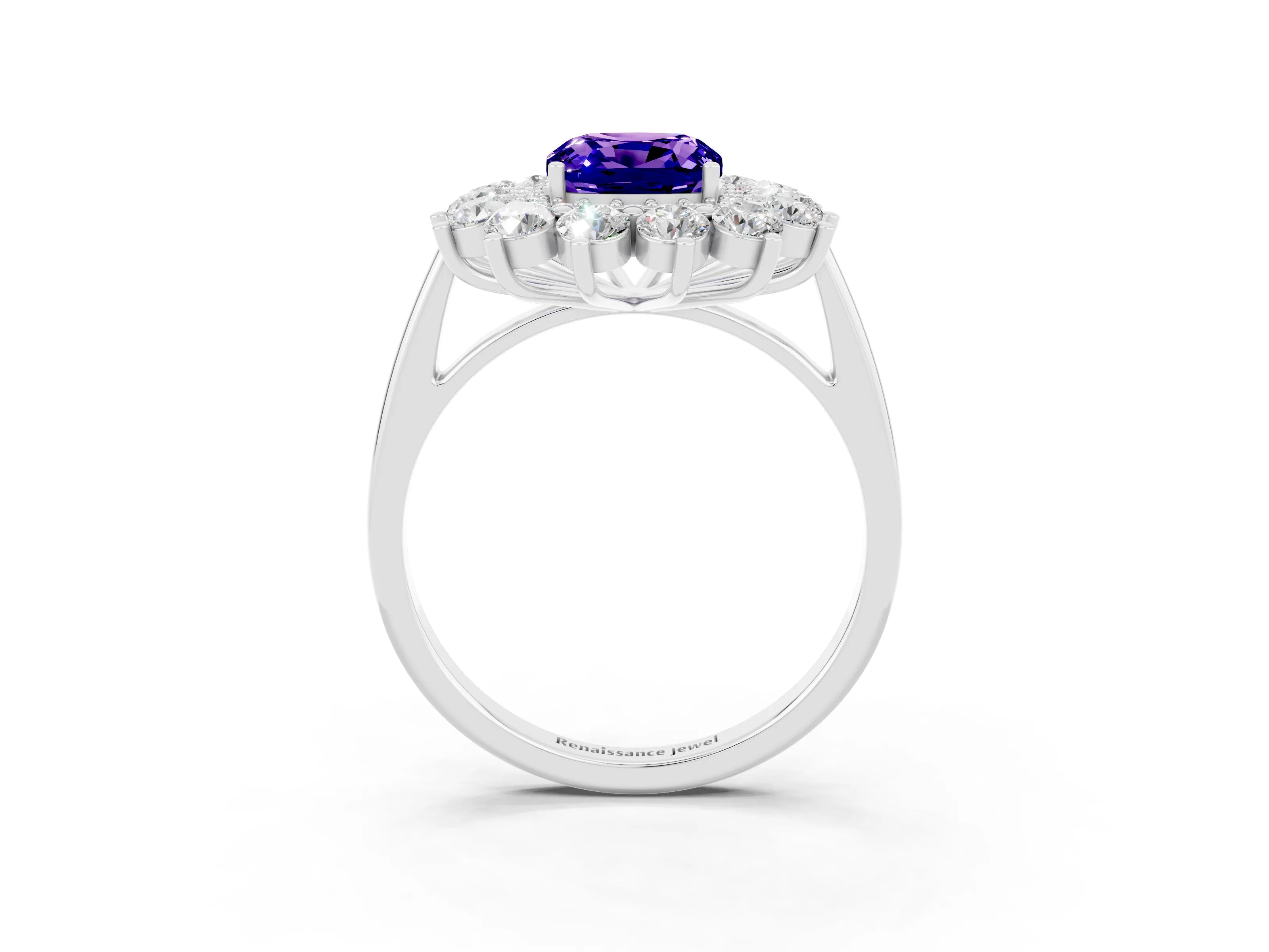 White gold Cushion Cut Halo Cluster Diamond Ring with Pave Band and Four-Prong Setting_15