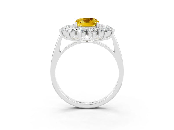 Silver Cushion Cut Yellow Sapphire Floral Double Halo Engagement Ring with Prong Setting