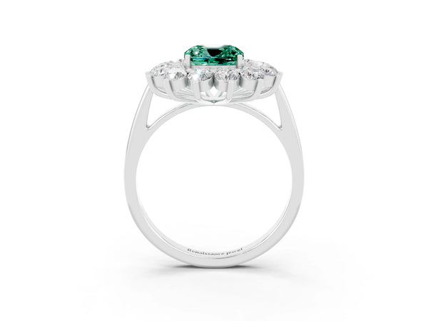 Platinum Cushion Cut Halo Cluster Diamond Ring with Pave Band and Four-Prong Setting