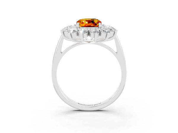 Platinum Cushion Cut Citrine Floral Double Halo Engagement Ring with Prong Setting