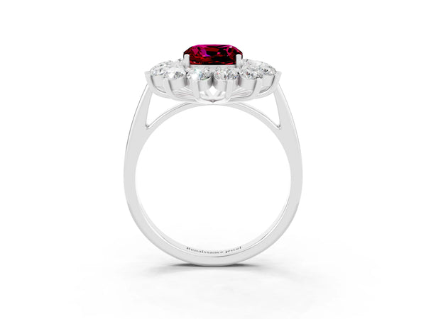Platinum Cushion Cut Garnet Floral Double Halo Engagement Ring with Prong Setting