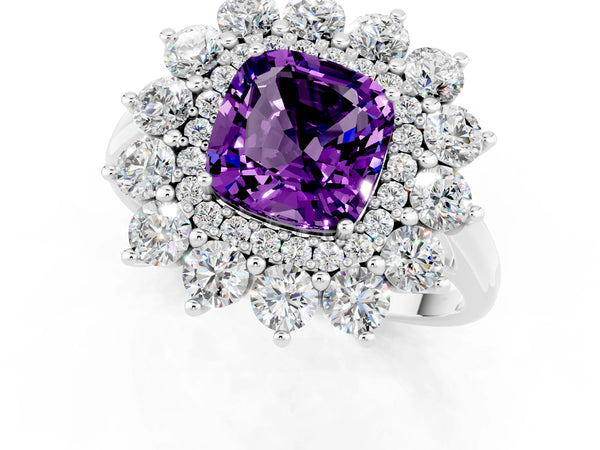 Platinum Cushion Cut Amethyst Floral Double Halo Engagement Ring with Prong Setting