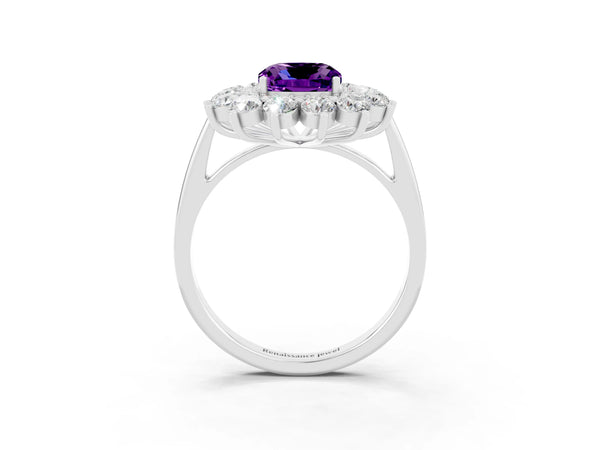 Silver Cushion Cut Amethyst Floral Double Halo Engagement Ring with Prong Setting