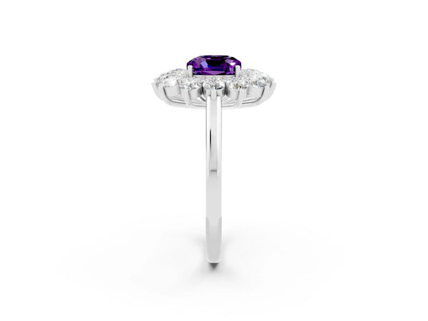 Platinum Cushion Cut Amethyst Floral Double Halo Engagement Ring with Prong Setting