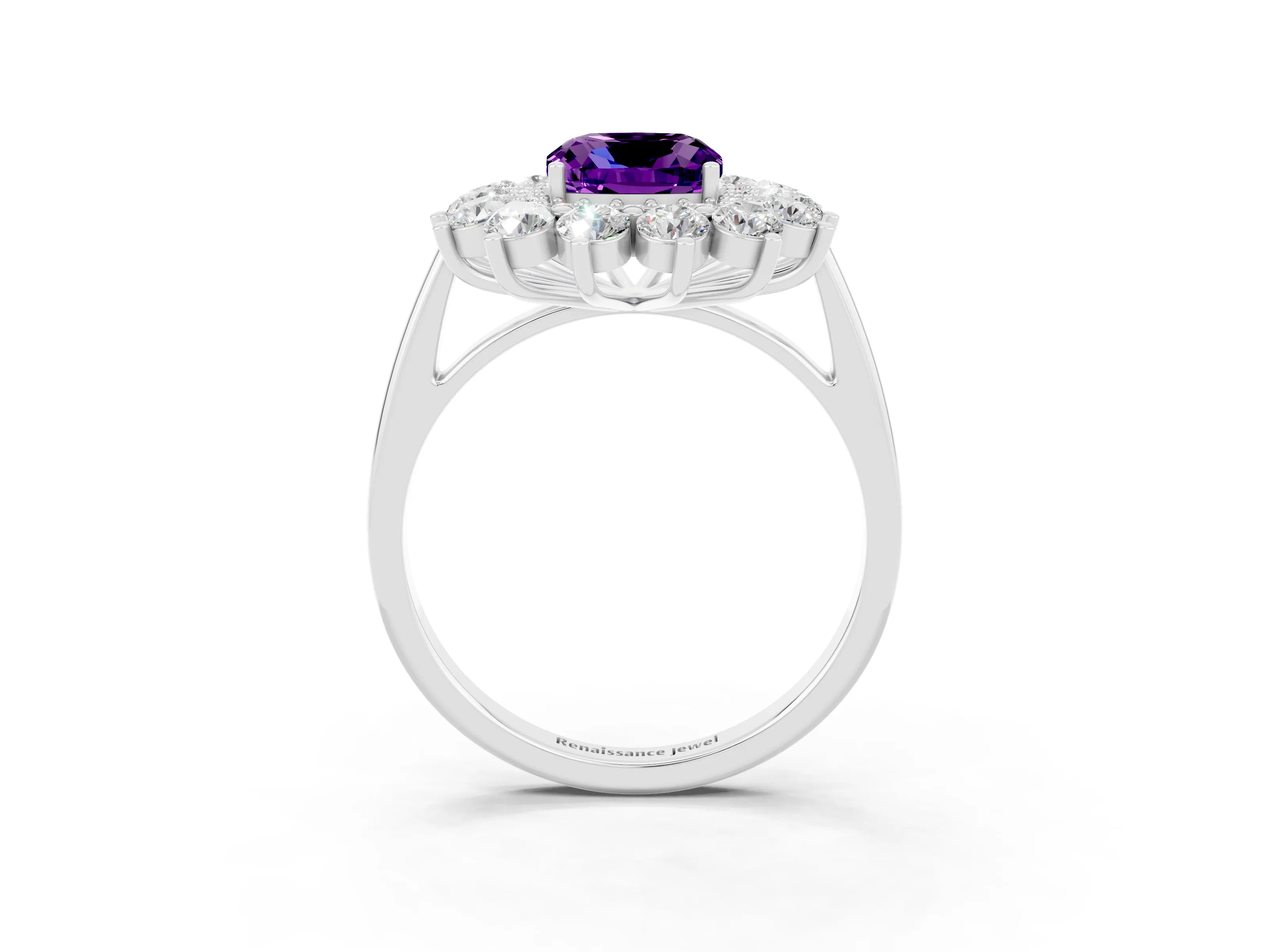 White gold Cushion Cut Halo Cluster Diamond Ring with Pave Band and Four-Prong Setting_17