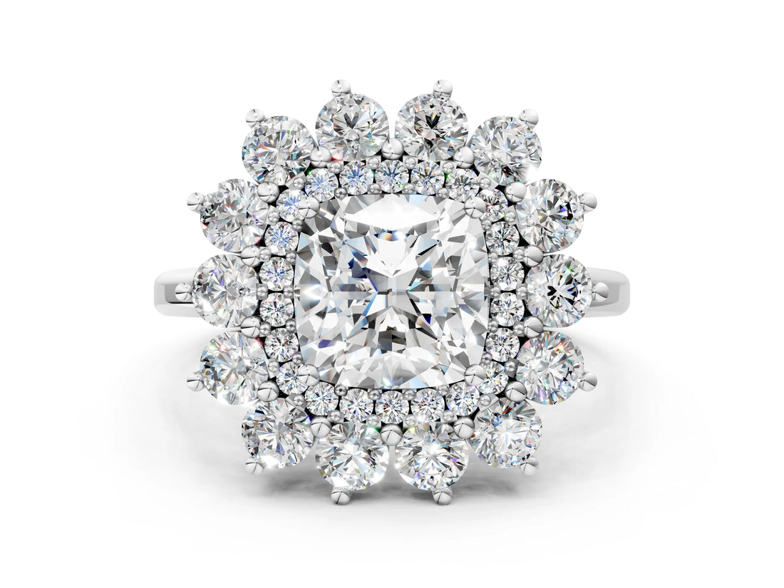White gold Cushion Cut Halo Cluster Diamond Ring with Pave Band and Four-Prong Setting_19