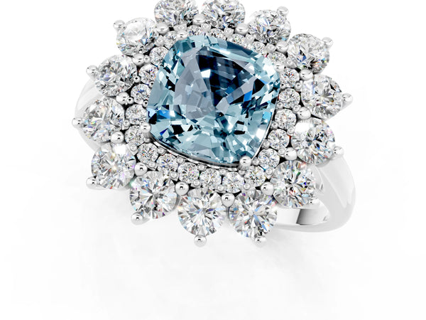Platinum Cushion Cut Halo Cluster Diamond Ring with Pave Band and Four-Prong Setting