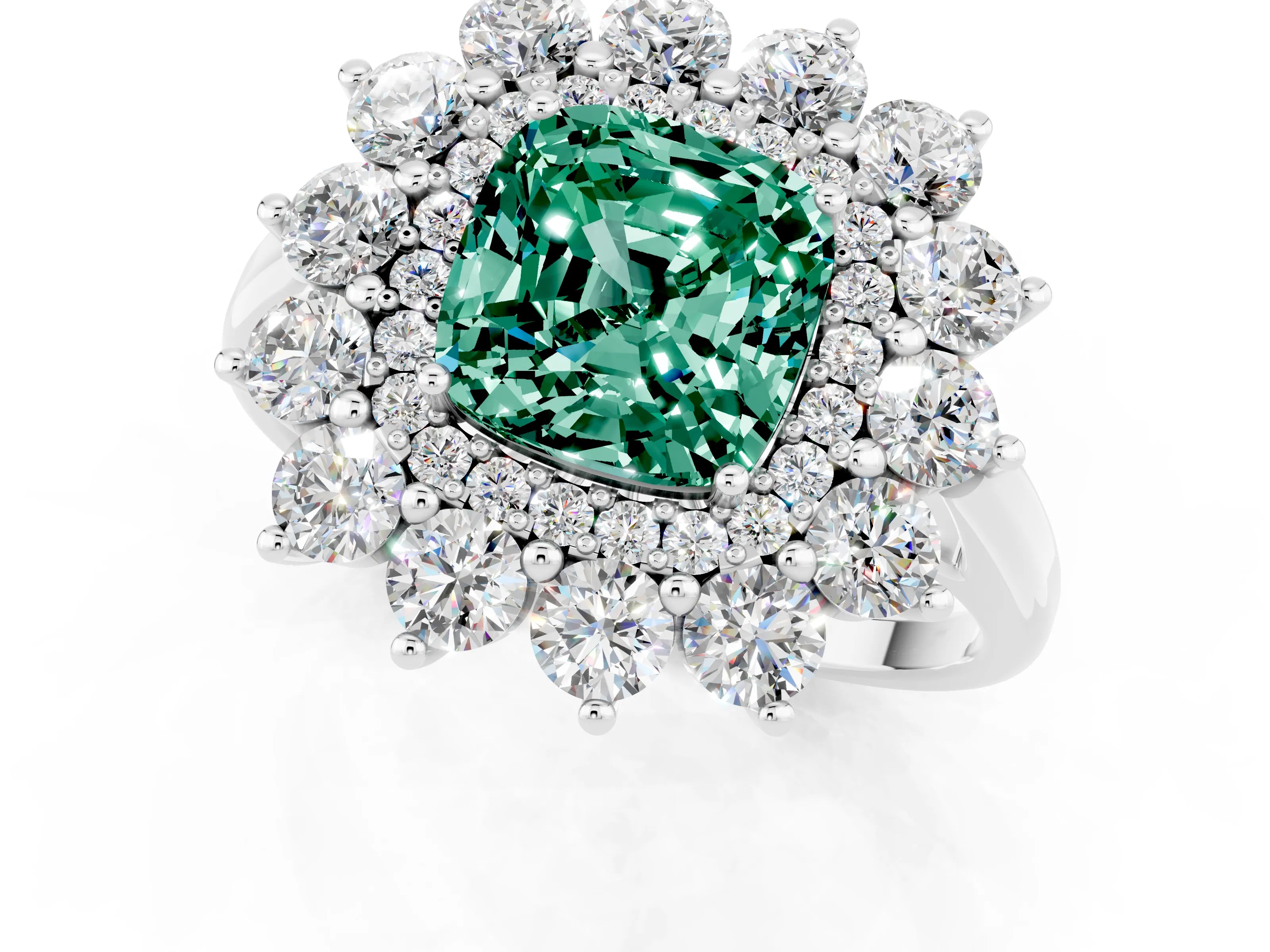 White gold Cushion Cut Halo Cluster Diamond Ring with Pave Band and Four-Prong Setting_1
