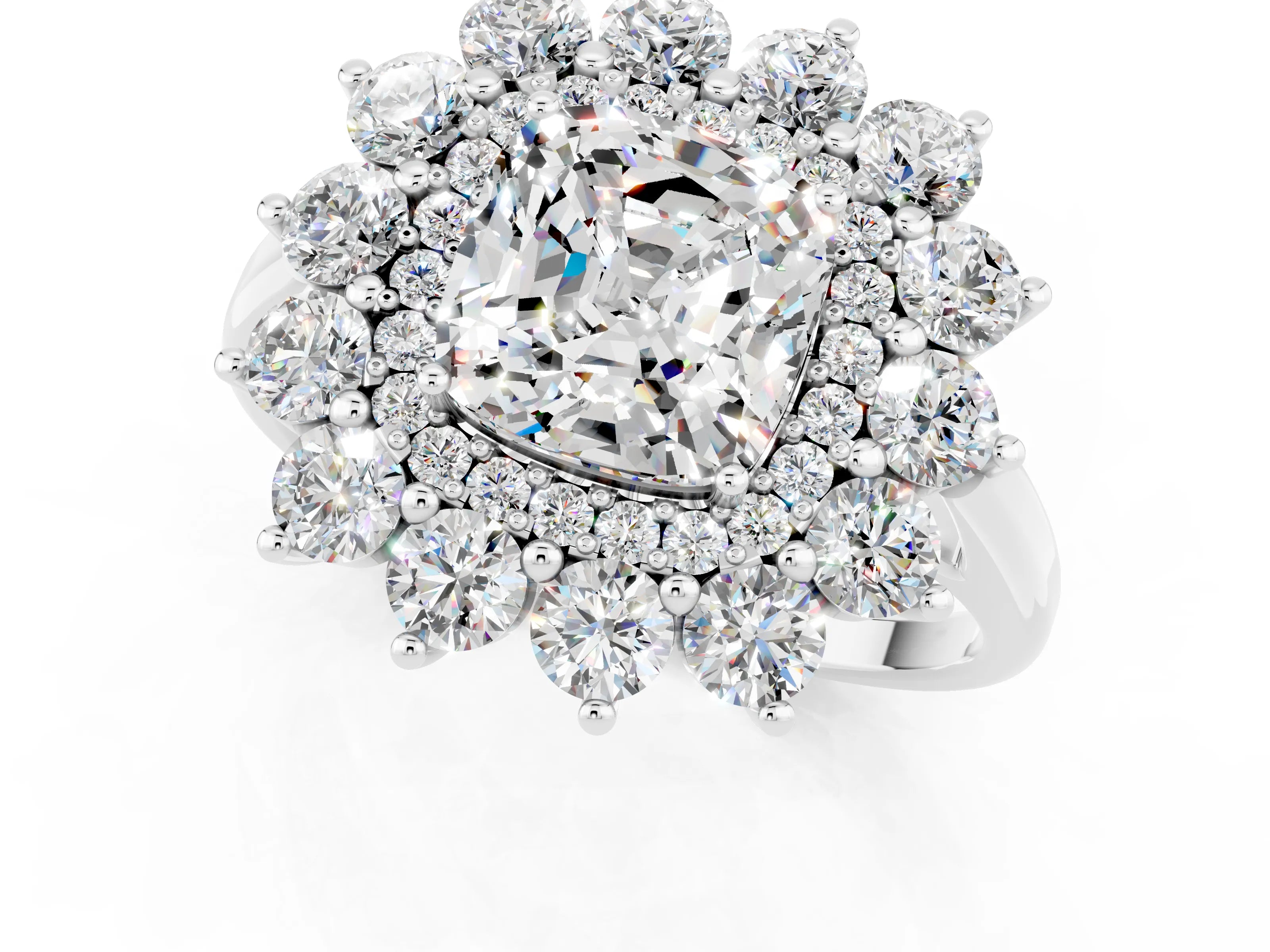 White gold Cushion Cut Halo Cluster Diamond Ring with Pave Band and Four-Prong Setting_1