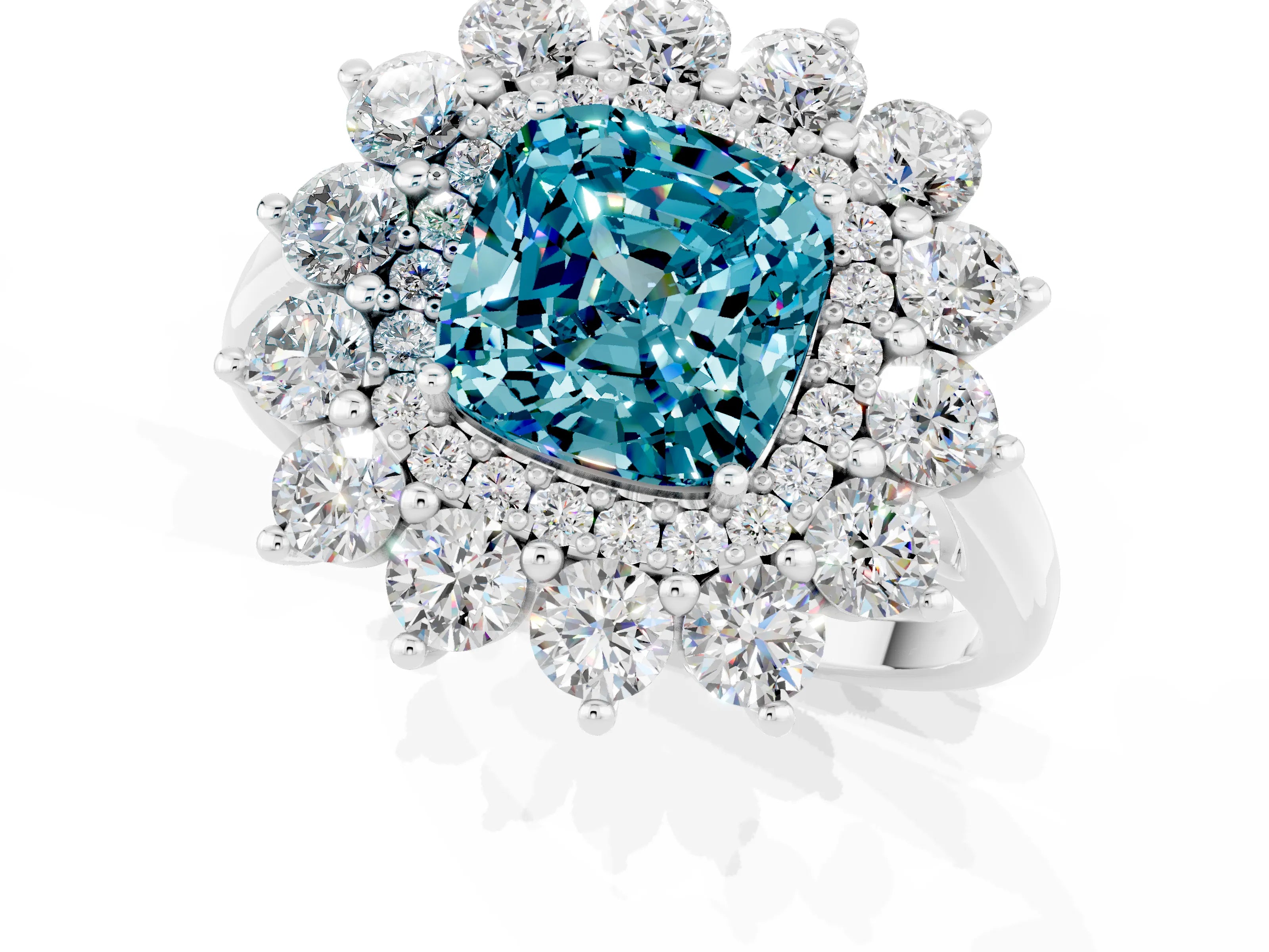 White gold Cushion Cut Halo Cluster Diamond Ring with Pave Band and Four-Prong Setting_1