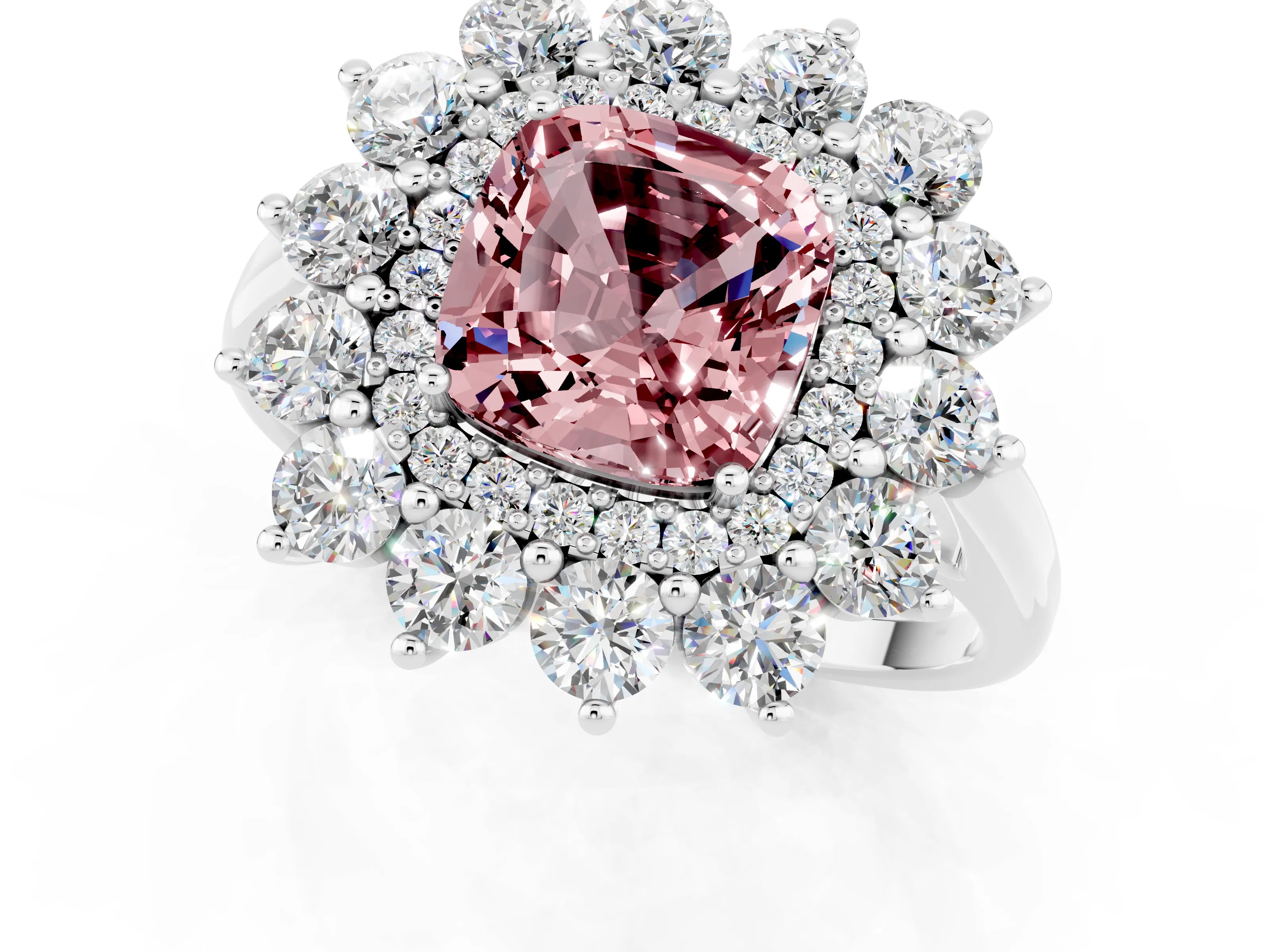 White gold Cushion Cut Halo Cluster Diamond Ring with Pave Band and Four-Prong Setting_1