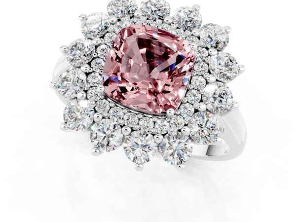 White gold Cushion Cut Halo Cluster Diamond Ring with Pave Band and Four-Prong Setting