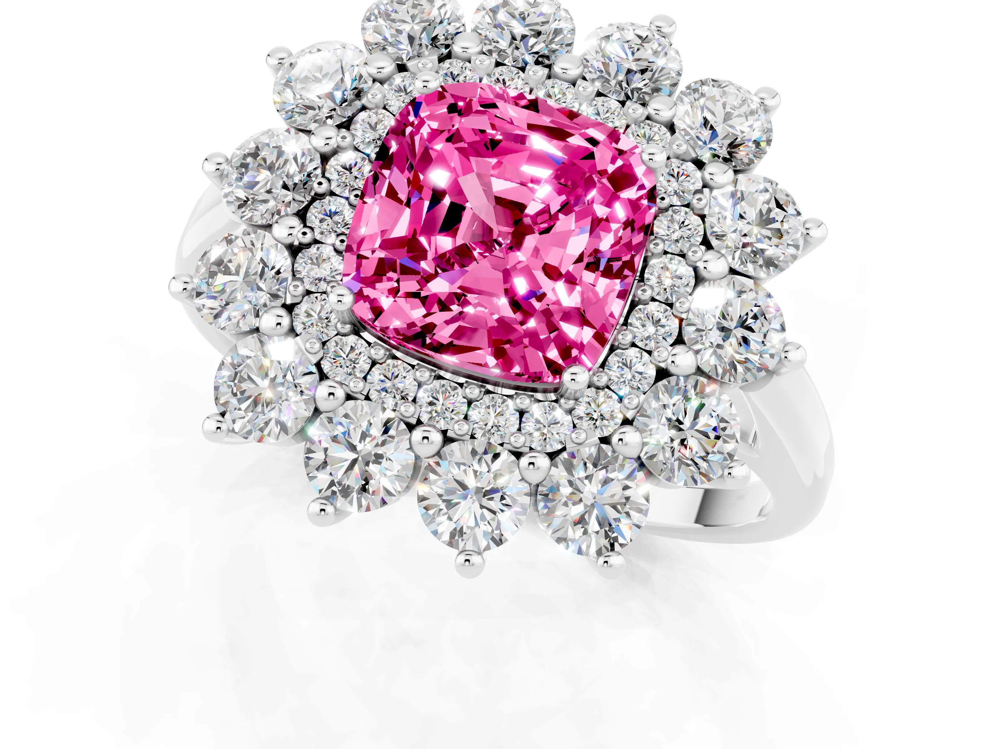 White gold Cushion Cut Halo Cluster Diamond Ring with Pave Band and Four-Prong Setting_1