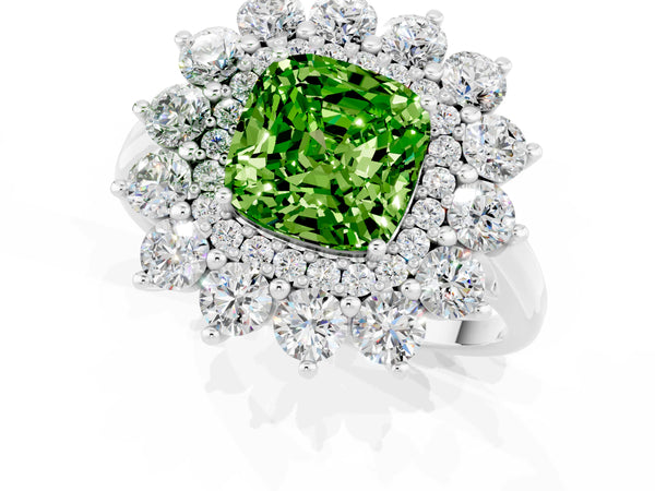 Platinum Cushion Cut Halo Cluster Diamond Ring with Pave Band and Four-Prong Setting