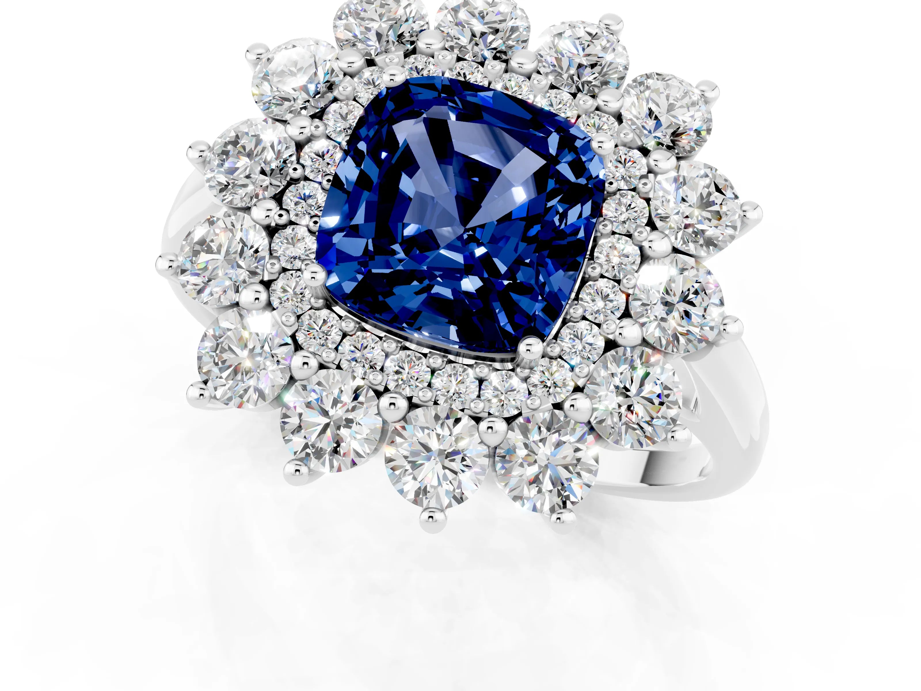 White gold Cushion Cut Halo Cluster Diamond Ring with Pave Band and Four-Prong Setting_1