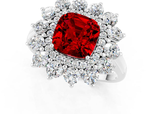 White gold Cushion Cut Ruby Floral Double Halo Engagement Ring with Prong Setting