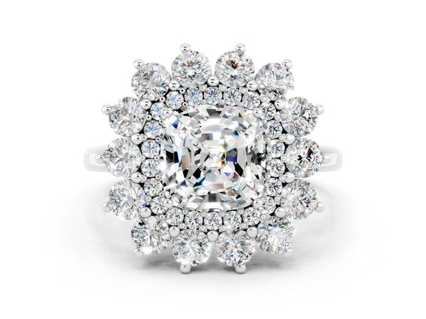 Platinum Cushion Cut Moissanite Floral Double Halo Engagement Ring with Prong Setting