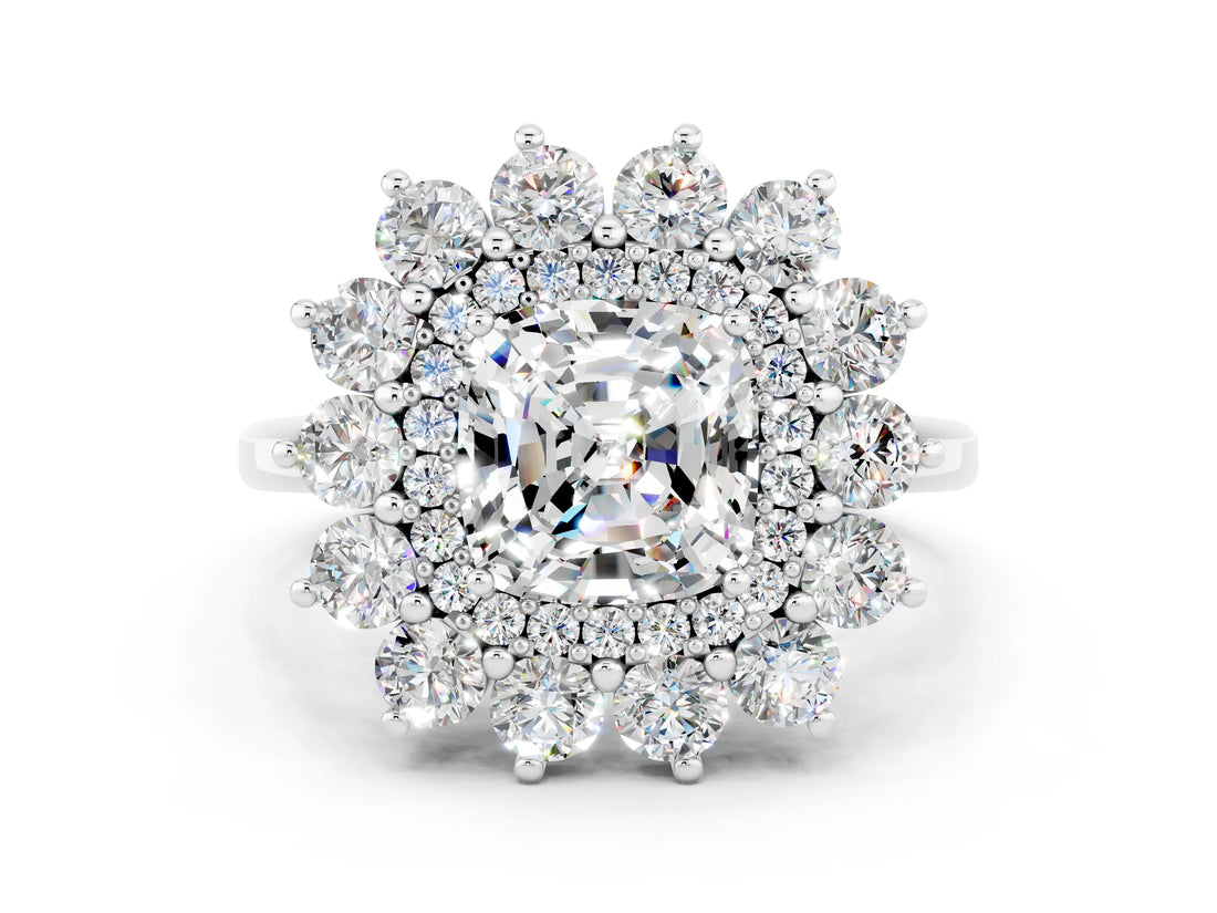 White gold Cushion Cut Halo Cluster Diamond Ring with Pave Band and Four-Prong Setting_24