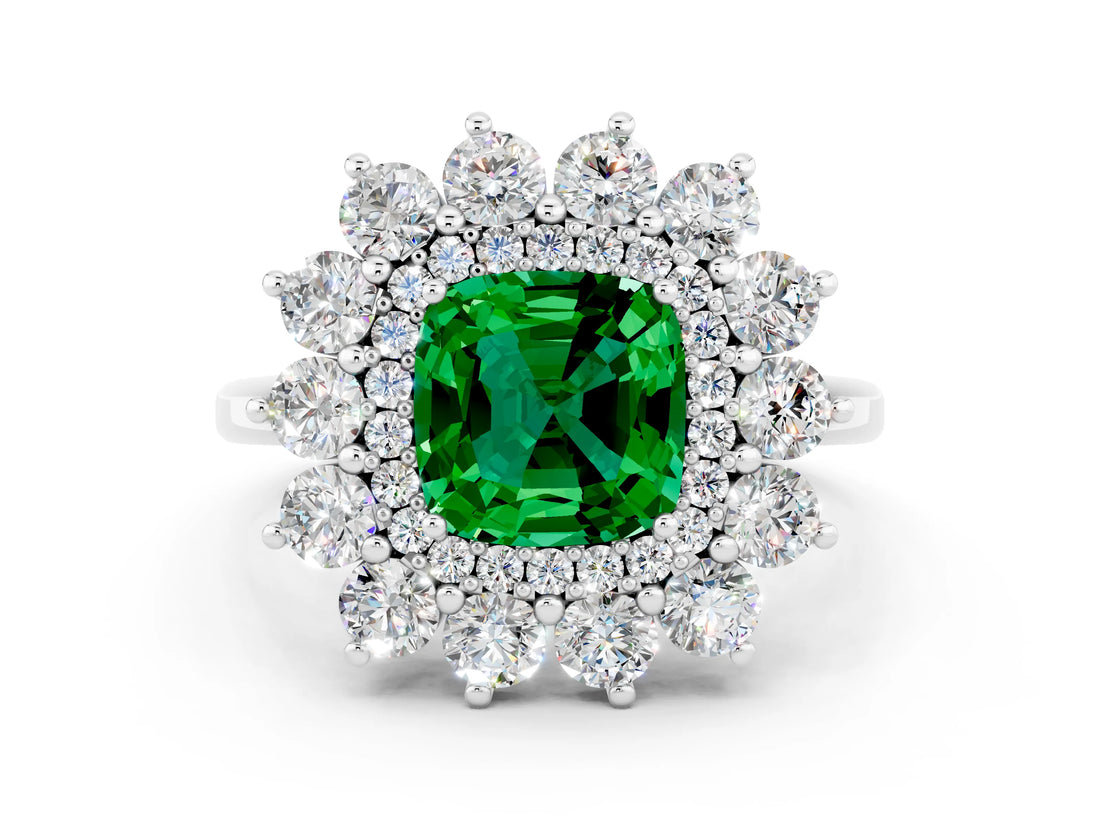 White gold Cushion Cut Halo Cluster Diamond Ring with Pave Band and Four-Prong Setting_24