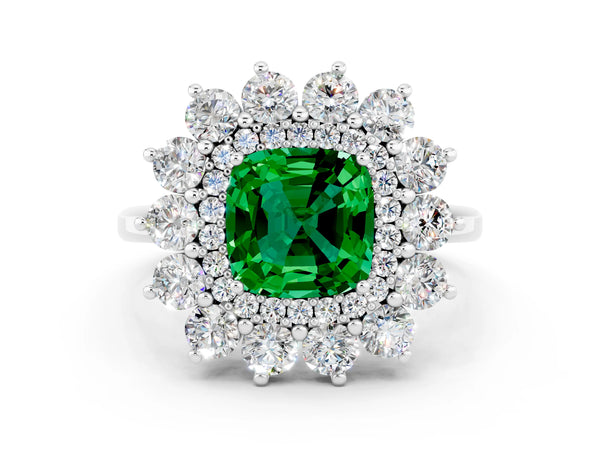 White gold Cushion Cut Emerald Floral Double Halo Engagement Ring with Prong Setting