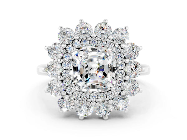 Silver Cushion Cut Moissanite Floral Double Halo Engagement Ring with Prong Setting