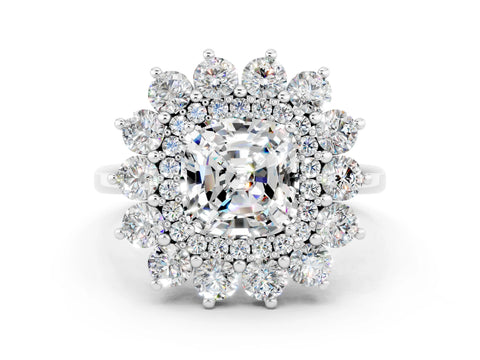 White gold Cushion Cut Halo Cluster Diamond Ring with Pave Band and Four-Prong Setting_24