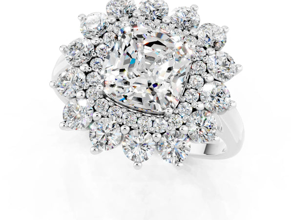 White gold Cushion Cut Moissanite Floral Double Halo Engagement Ring with Prong Setting