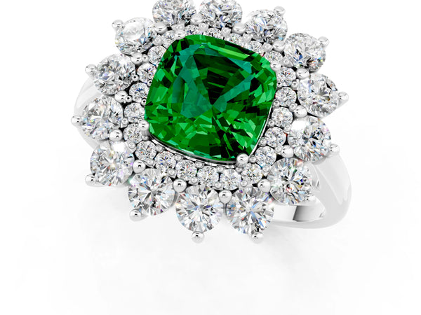White gold Cushion Cut Emerald Floral Double Halo Engagement Ring with Prong Setting