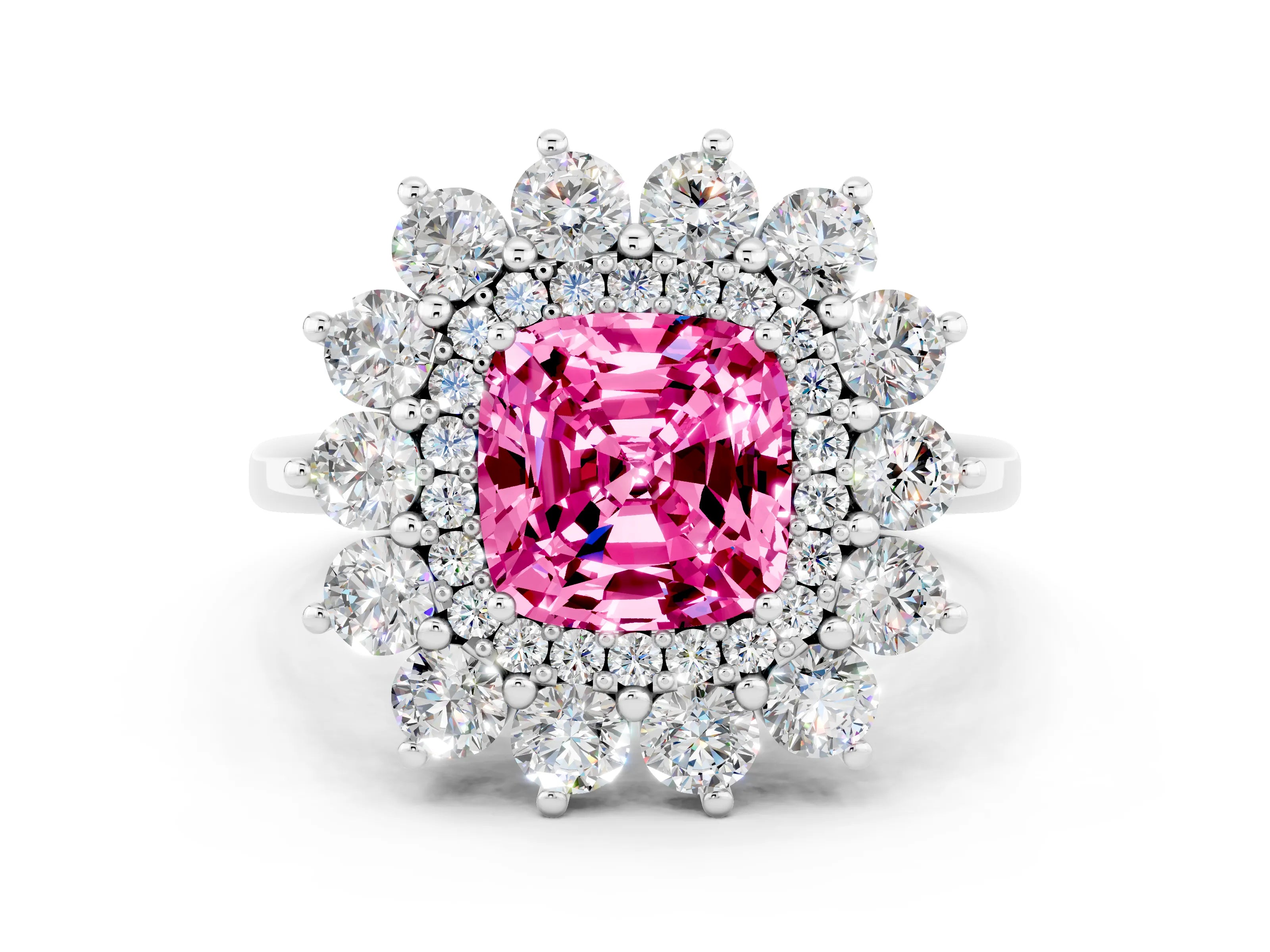 White gold Cushion Cut Halo Cluster Diamond Ring with Pave Band and Four-Prong Setting