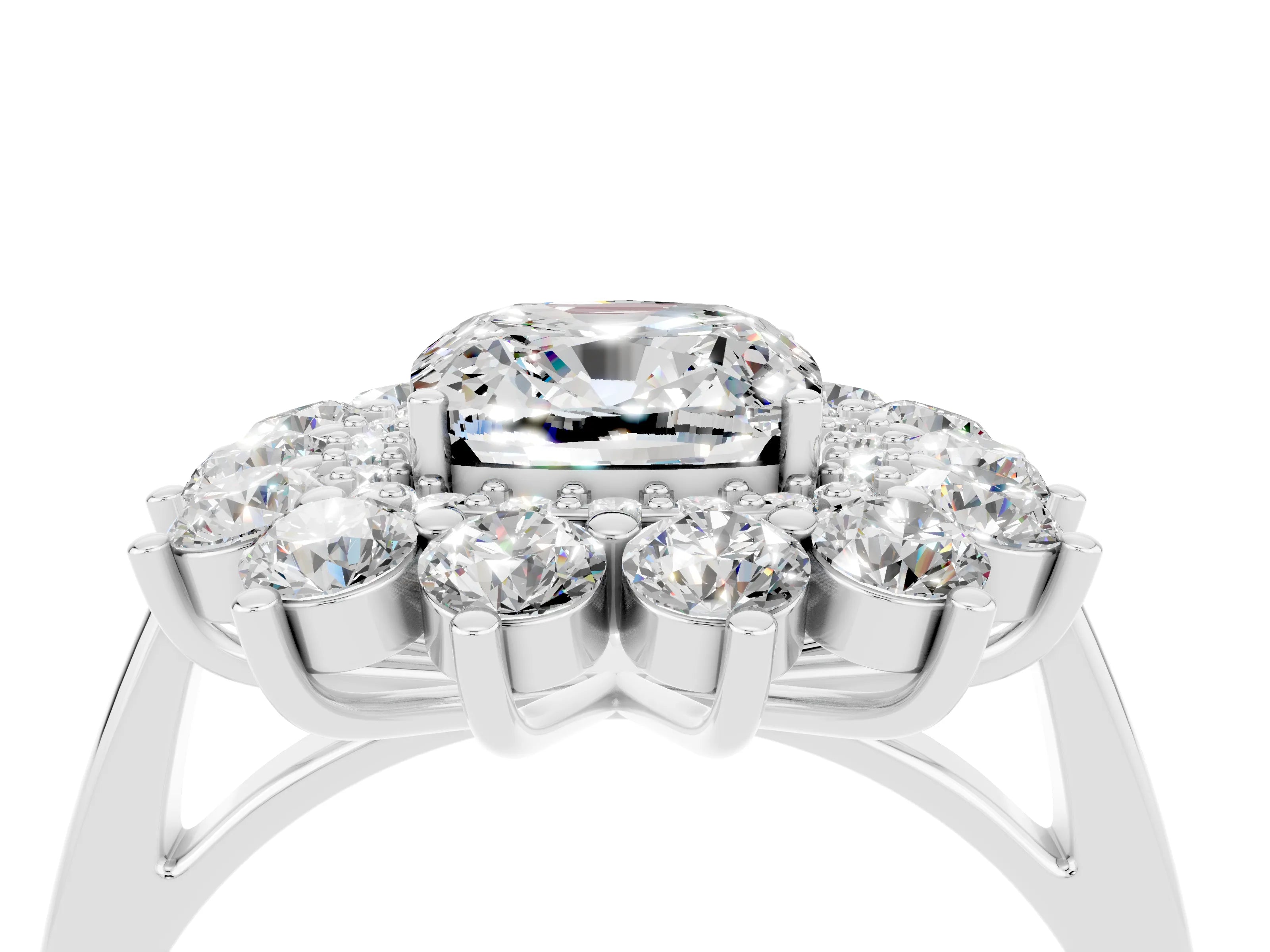 White gold Cushion Cut Halo Cluster Diamond Ring with Pave Band and Four-Prong Setting_28
