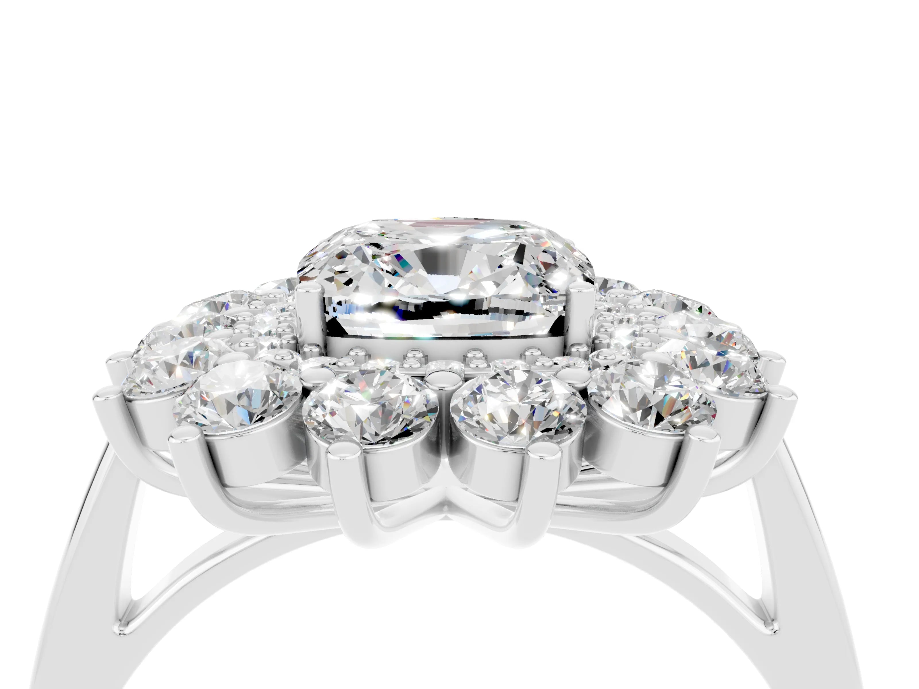 White gold Cushion Cut Halo Cluster Diamond Ring with Pave Band and Four-Prong Setting_28