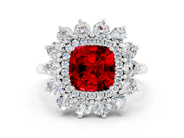 White gold Cushion Cut Ruby Floral Double Halo Engagement Ring with Prong Setting
