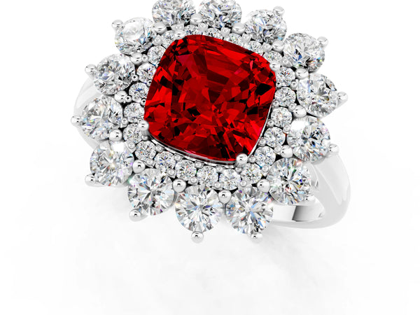 White gold Cushion Cut Ruby Floral Double Halo Engagement Ring with Prong Setting