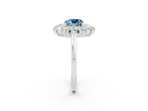 Platinum Cushion Cut Halo Cluster Diamond Ring with Pave Band and Four-Prong Setting