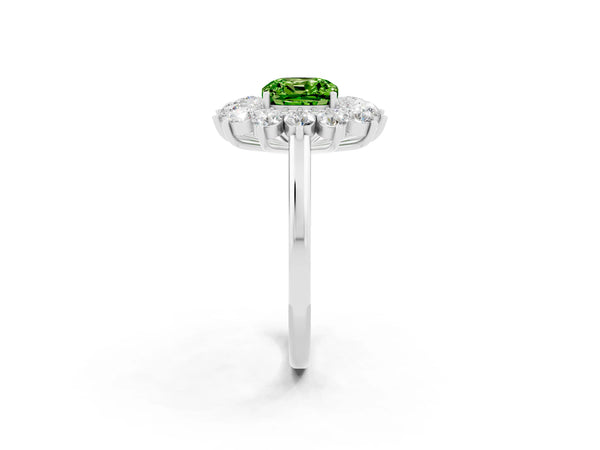Silver Cushion Cut Halo Cluster Diamond Ring with Pave Band and Four-Prong Setting