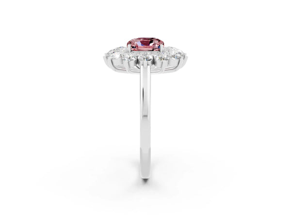 Platinum Cushion Cut Halo Cluster Diamond Ring with Pave Band and Four-Prong Setting