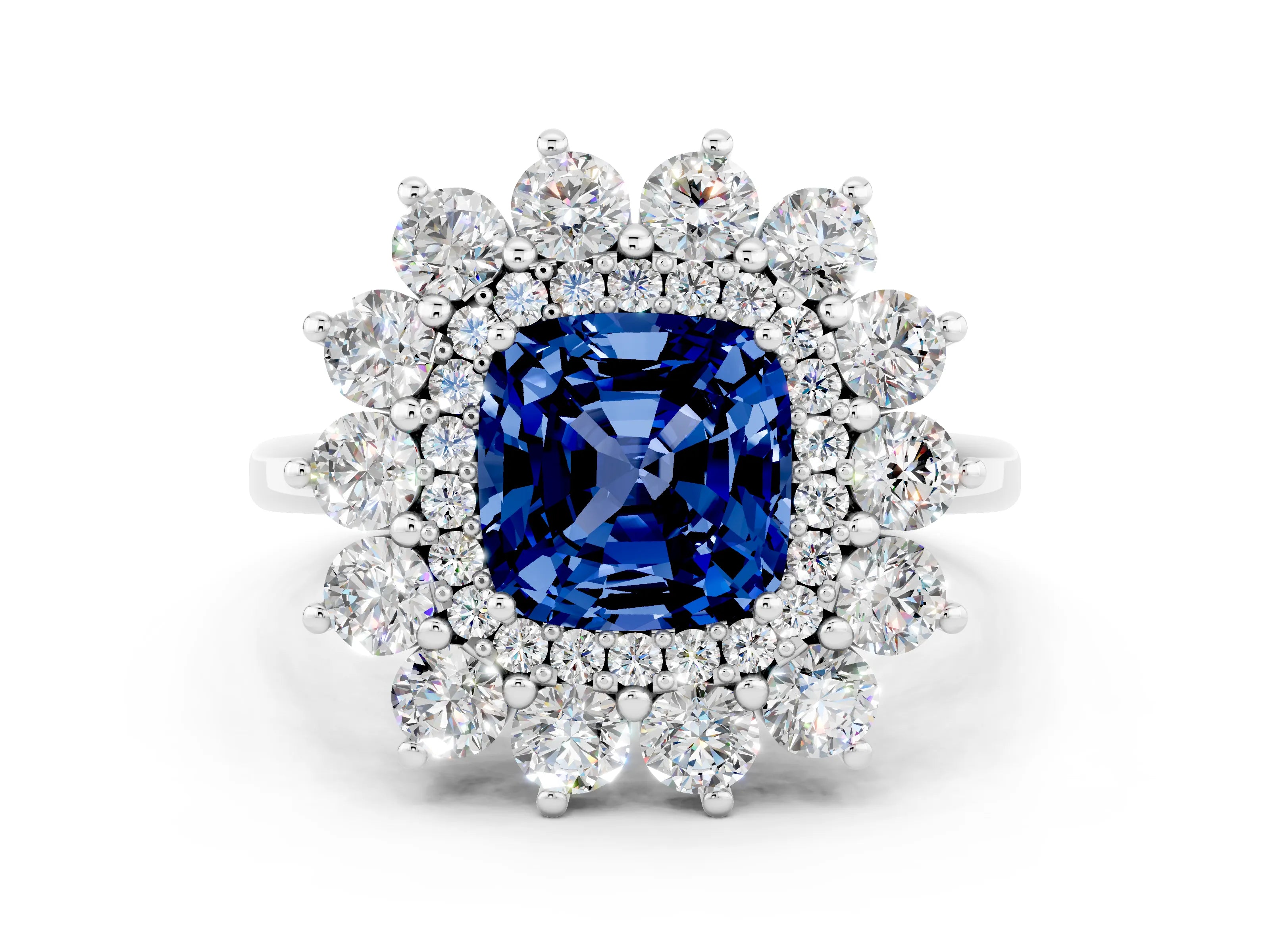 White gold Cushion Cut Halo Cluster Diamond Ring with Pave Band and Four-Prong Setting