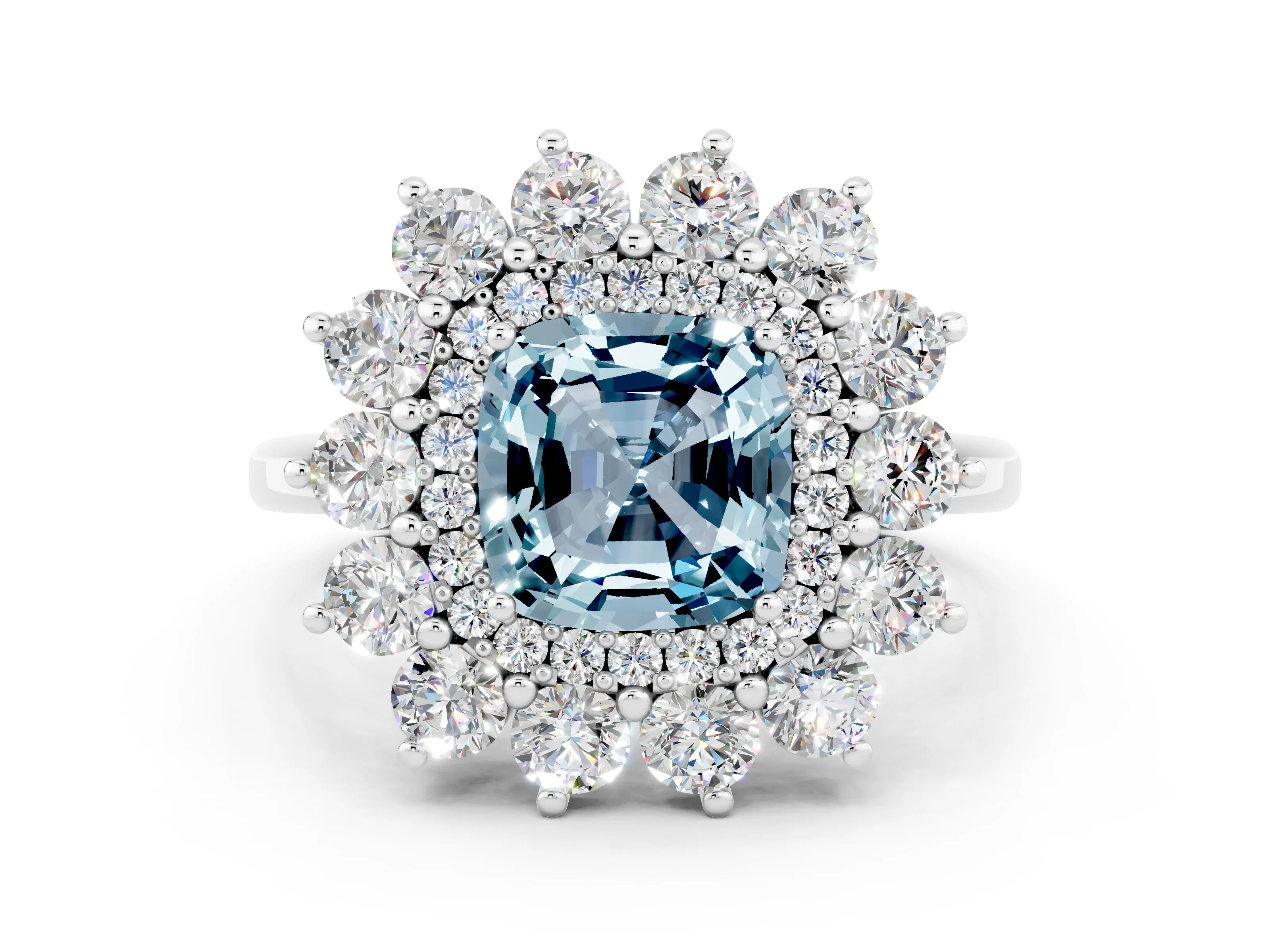 White gold Cushion Cut Halo Cluster Diamond Ring with Pave Band and Four-Prong Setting
