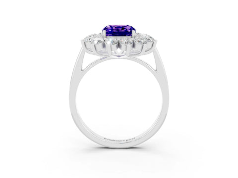 White gold Cushion Cut Halo Cluster Diamond Ring with Pave Band and Four-Prong Setting_3