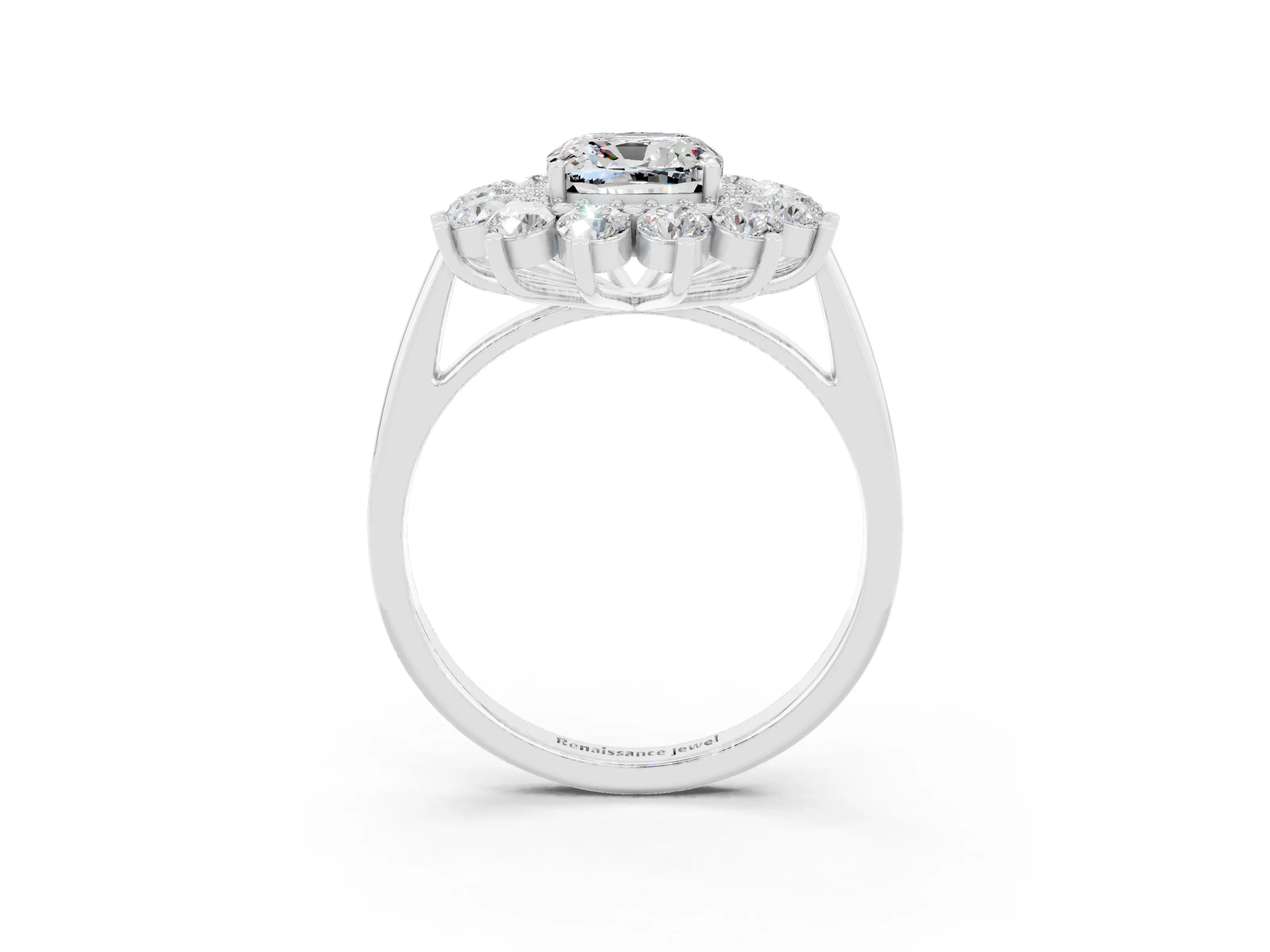 White gold Cushion Cut Halo Cluster Diamond Ring with Pave Band and Four-Prong Setting_3